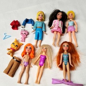 LOT 6 Polly Pocket Mattel 3½" Doll Clothes Outfit Kitty Pet Surf Board Accessory